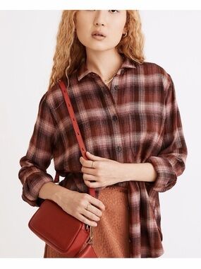 Madewell Oversized Ex Boyfriend Faded Fig Plaid Flannel Swing Shirt